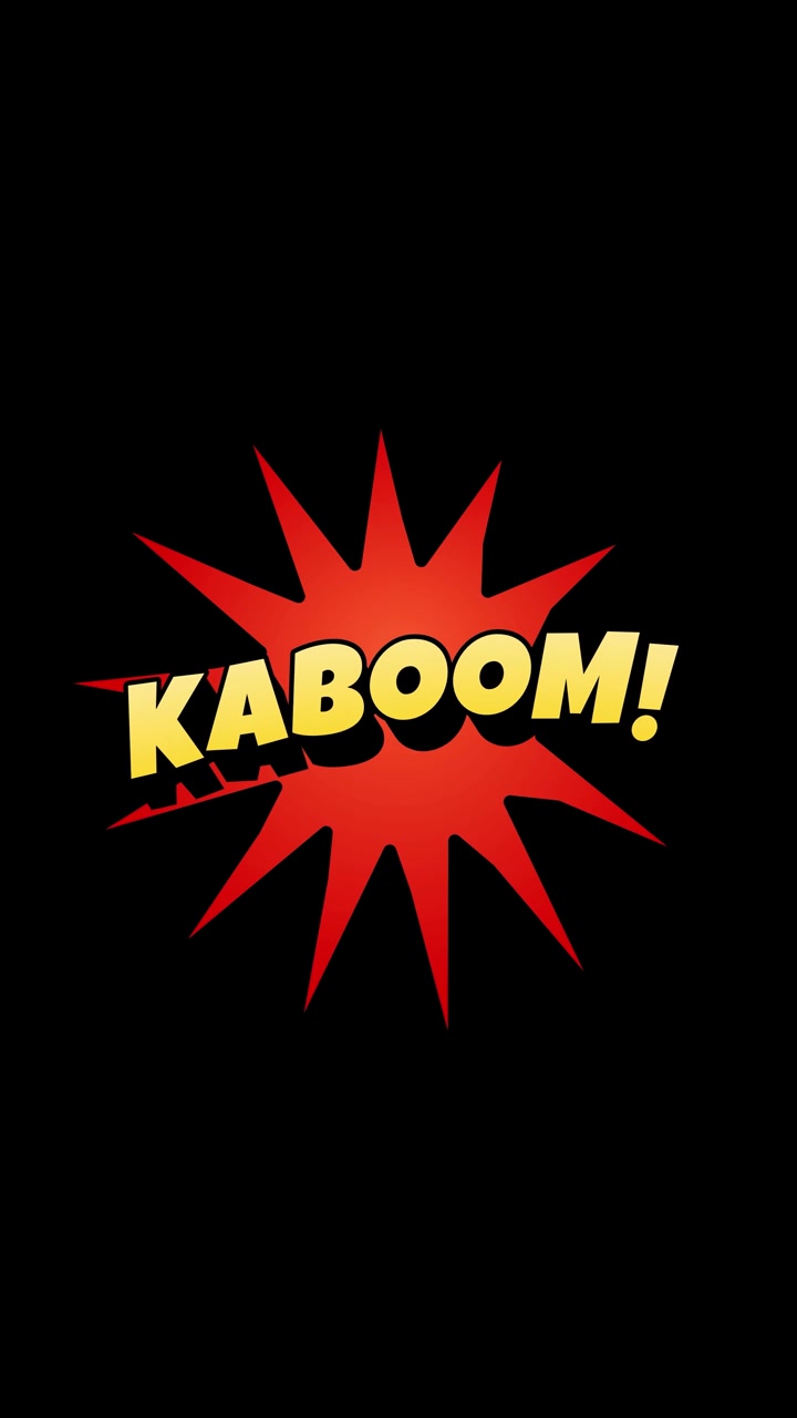 Siyah arka plan üzerinde yüzen ve havada duran dikey çizgi roman tarzı "kaboom" metni, pop art yansıma, kesintisiz döngü.