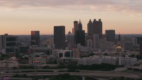 aerial shot of downtown atlanta at sunset.