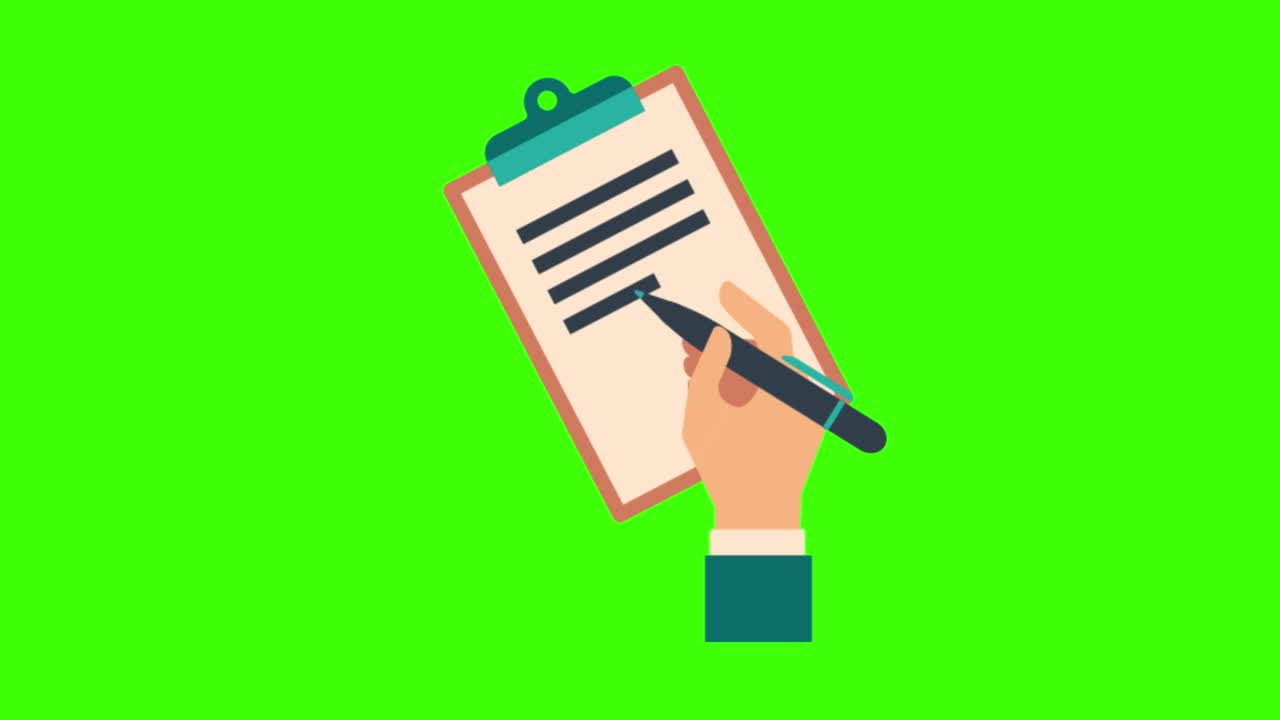 animación de una mano firmando un contrato en una pantalla verde