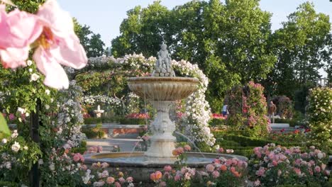 la rosaleda fountain with colourful trees and flowers in the background.