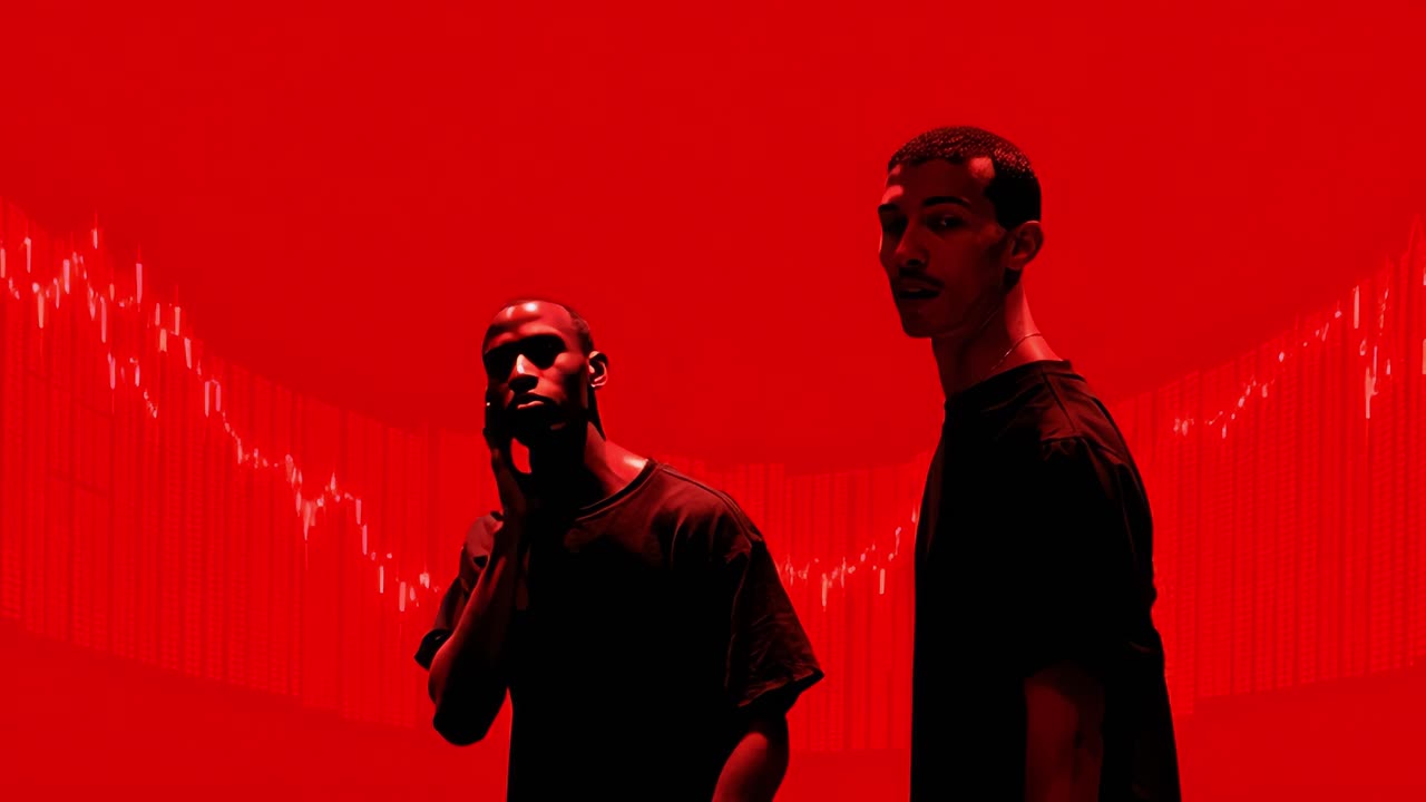 A striking visual representation of duality, emotion, and tension, showcasing two figures against a vibrant red backdrop highlighting contrasting elements of human interaction and financial themes