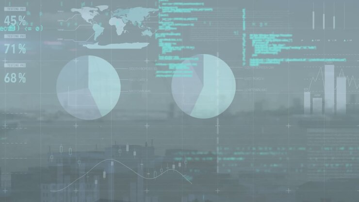 Animation of infographic interface and computer language over modern city against sky