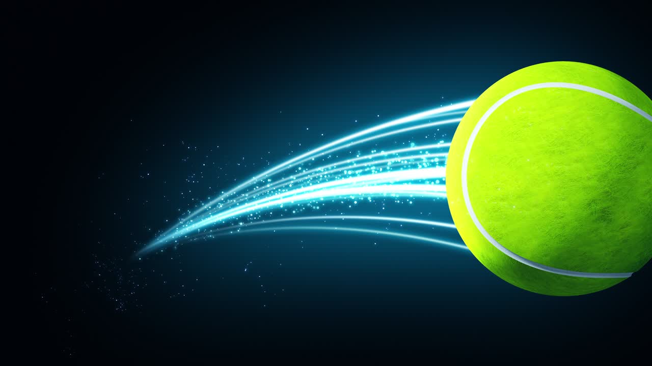 테니스 공의 속도, 파란 불꽃과 불빛의 빠른 마법 효과, 검은 배경 3d 렌더링