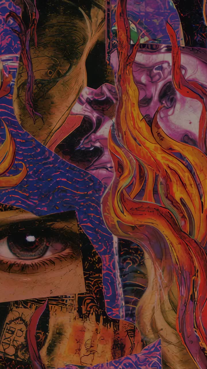 Vertical video: Emerging orange flames climbing and obscuring mask and face collage in backdrop