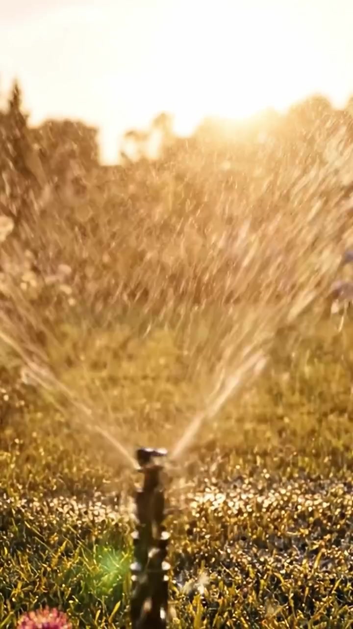 Un tramonto magnifico sul prato con un irrigatore che disperde deliziosamente l'acqua, creando una bellissima scena di natura e ristoro per il giardino.