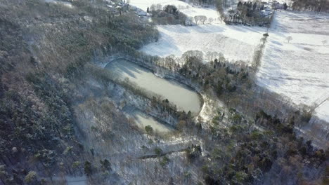 sobrevuelo aéreo paisaje nevado de invierno con pinos nevados y lago congelado durante el día soleado