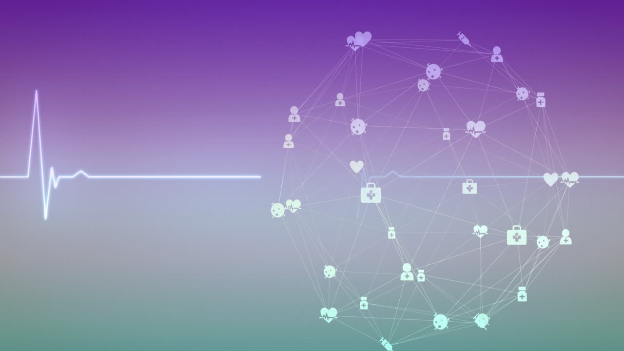 심장 리 ⁇ 과 연결된 아이콘의 애니메이션이 그래디언트 배경 위에 지구를 형성합니다.