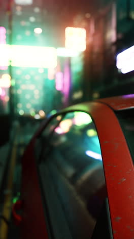 paisaje urbano cyberpunk: coche rojo por la noche