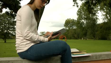 Hübsche-Frau,-Die-Mit-Büchern-Und-Tablet-Studiert