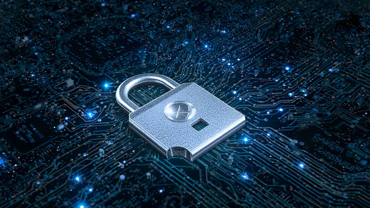 Glowing blue nodes pulsing along circuit board after system activation, highlighting steel padlock