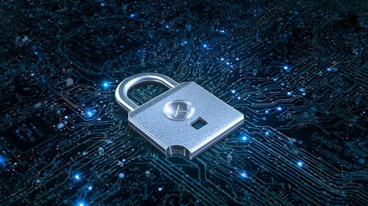 Glowing blue nodes pulsing along circuit board after system activation, highlighting steel padlock