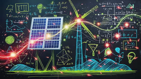 renewable energy concepts with solar panels and wind turbine on chalkboard