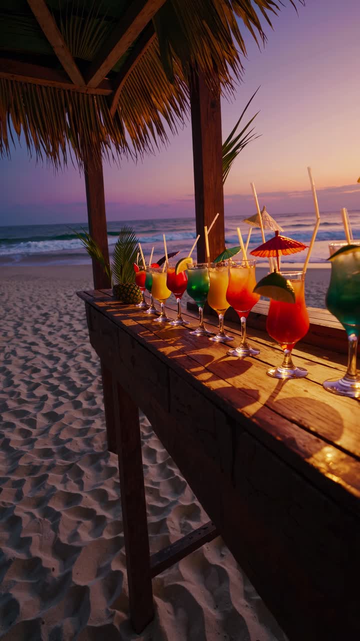 Coquetéis Exóticos Alinhados em um Bar de Praia Durante o Pôr do Sol