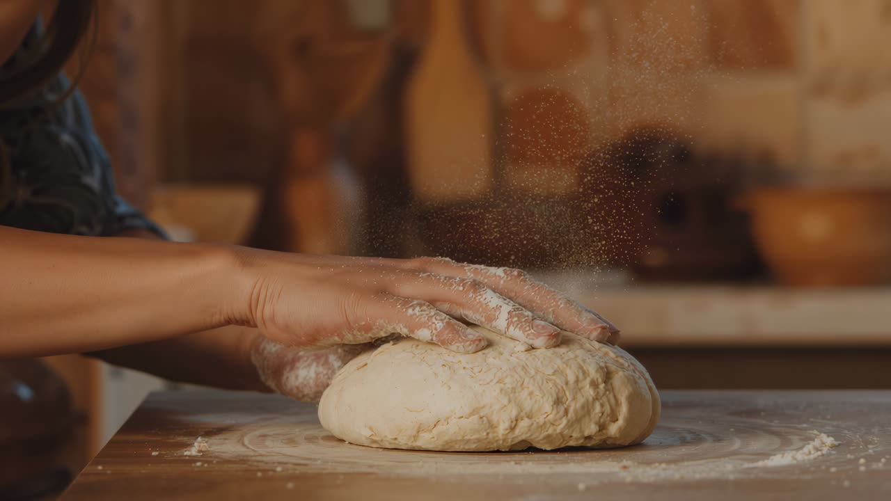 Placing hands then pressing, woman baker shaping round dough on floured counter, patterned top seen