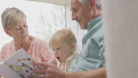 close up of grandparents sitting on sofa with granddaughter at home reading book together