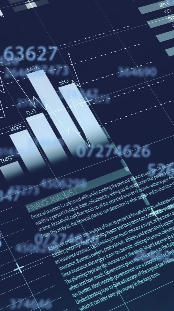 Animasjon av statistikk og databehandling på svart bakgrunn.