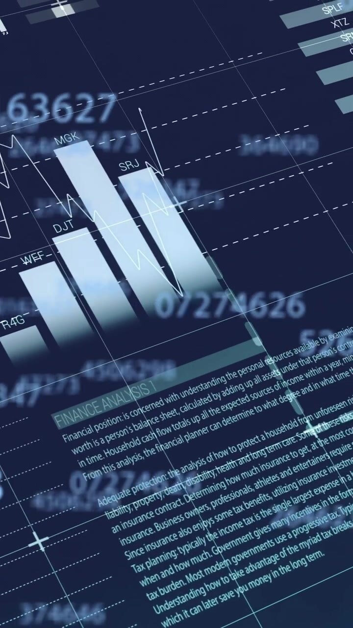 Animation of statistics and data processing on black background