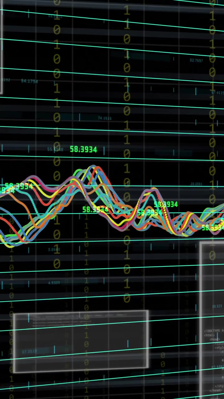 Animation of data processing and diagram over digital screens