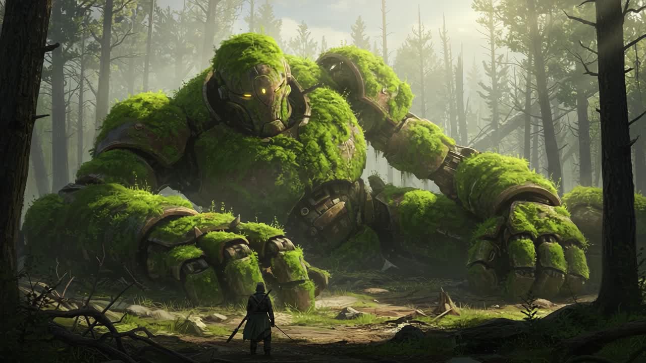 Epic Encounter Between a Hero and a Colossal Forest Guardian: A Lush Green Giant Dominates the Enchanted Woodland Scene with an Imposing Presence