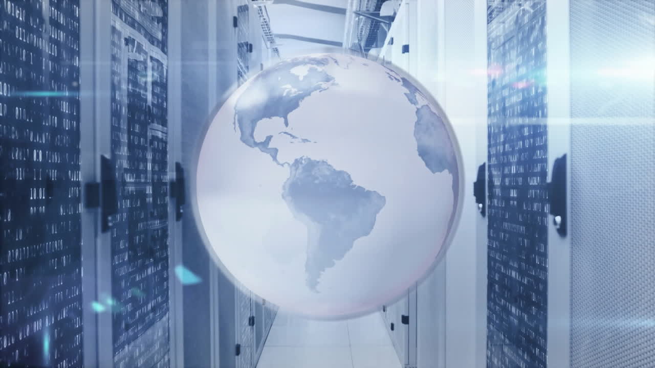 지구의 애니메이션과 컴퓨터 서버를 통해 디지털 데이터 처리