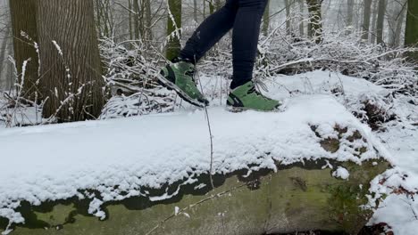 happy girl with hiker boots balancing over wooden snowy tree trunk in winter and jumping down