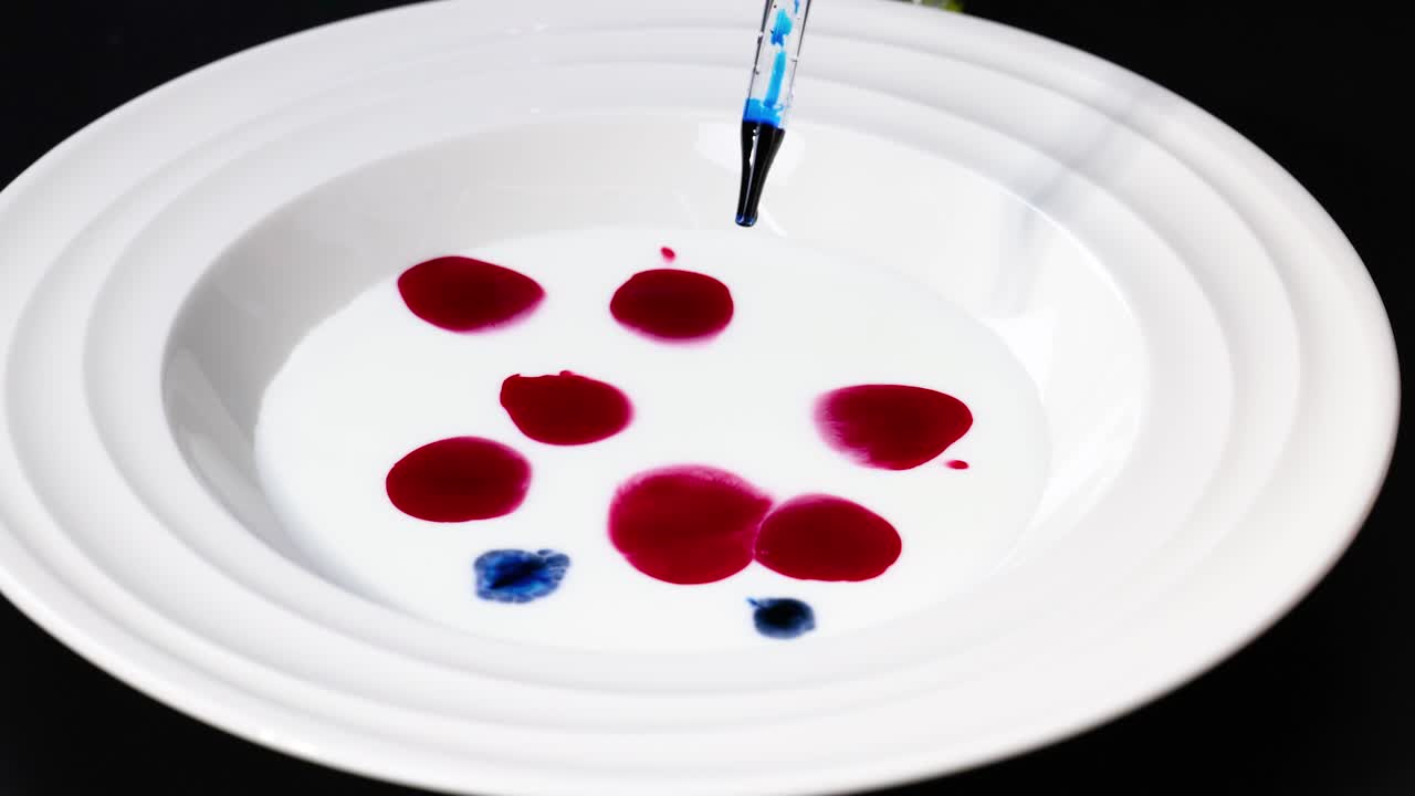 los goteros crean patrones coloridos en la leche