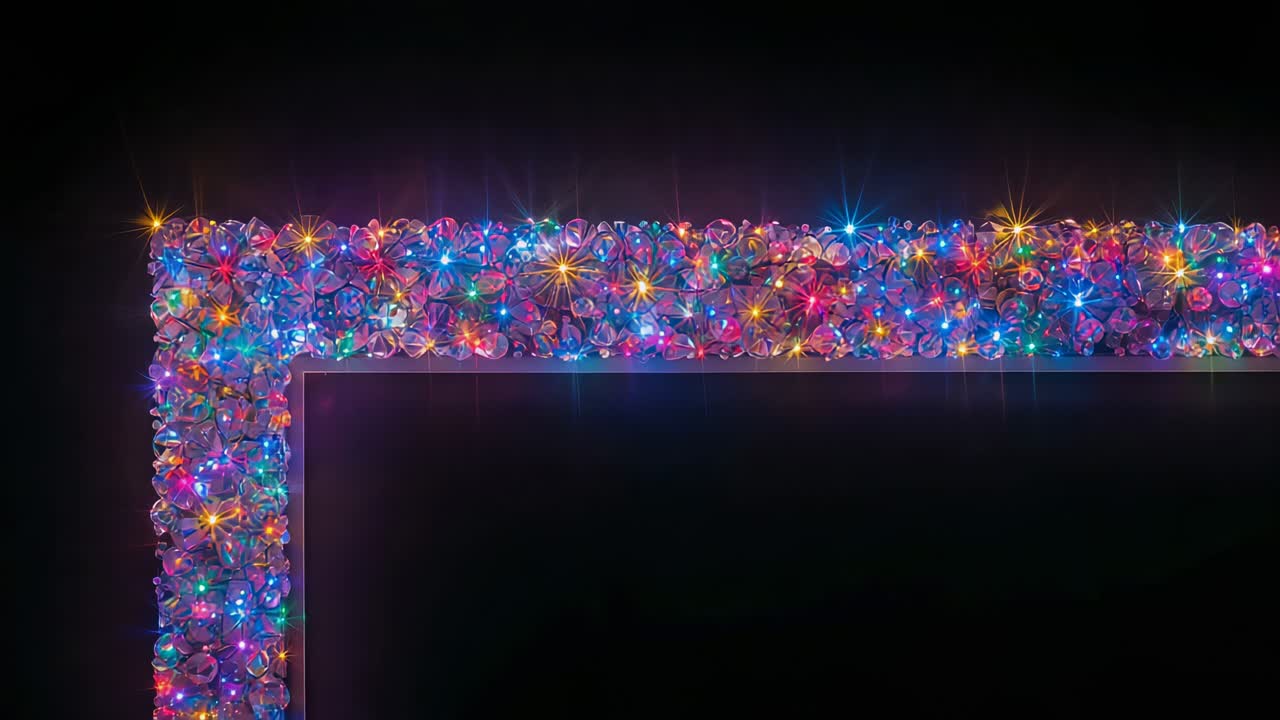 Starting color LEDs pulsing frame corner showing crystal beads, starburst inner glow at black void