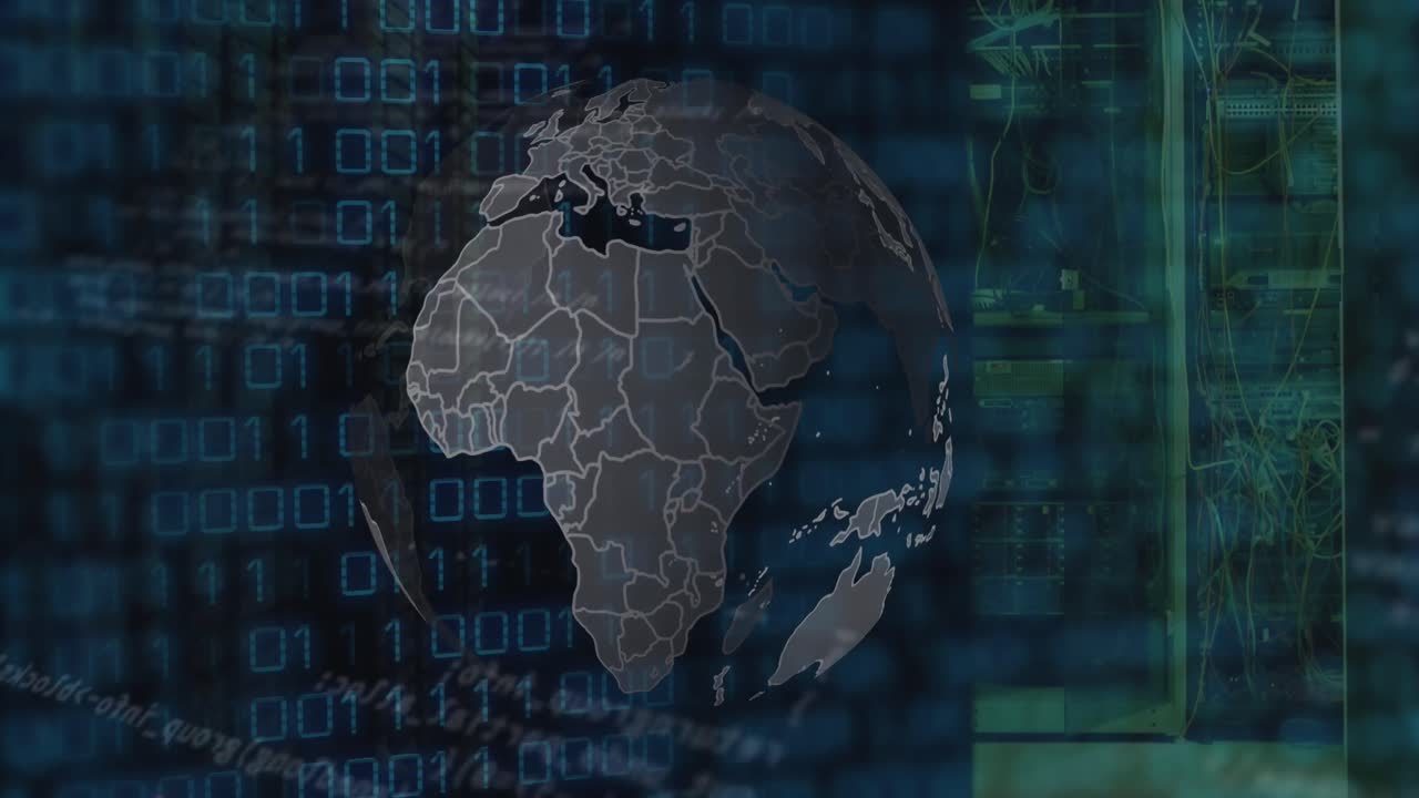 Animation of data processing over server room and globe