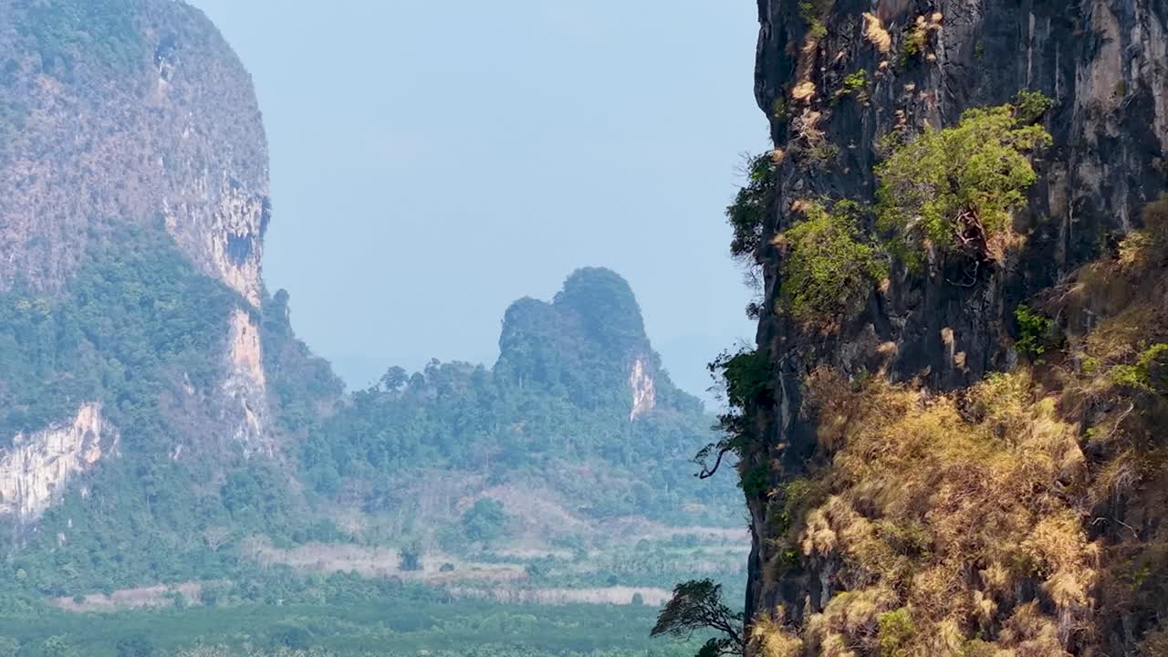 Flycam lia qua những vách đá vôi sừng sững nhìn ra một đồn điền cọ dầu rộng lớn ở Krabi