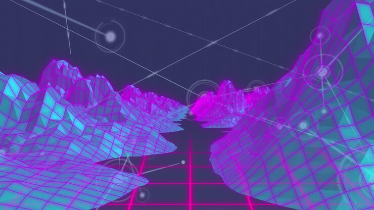 Animazione di una rete di connessioni su montagne digitali