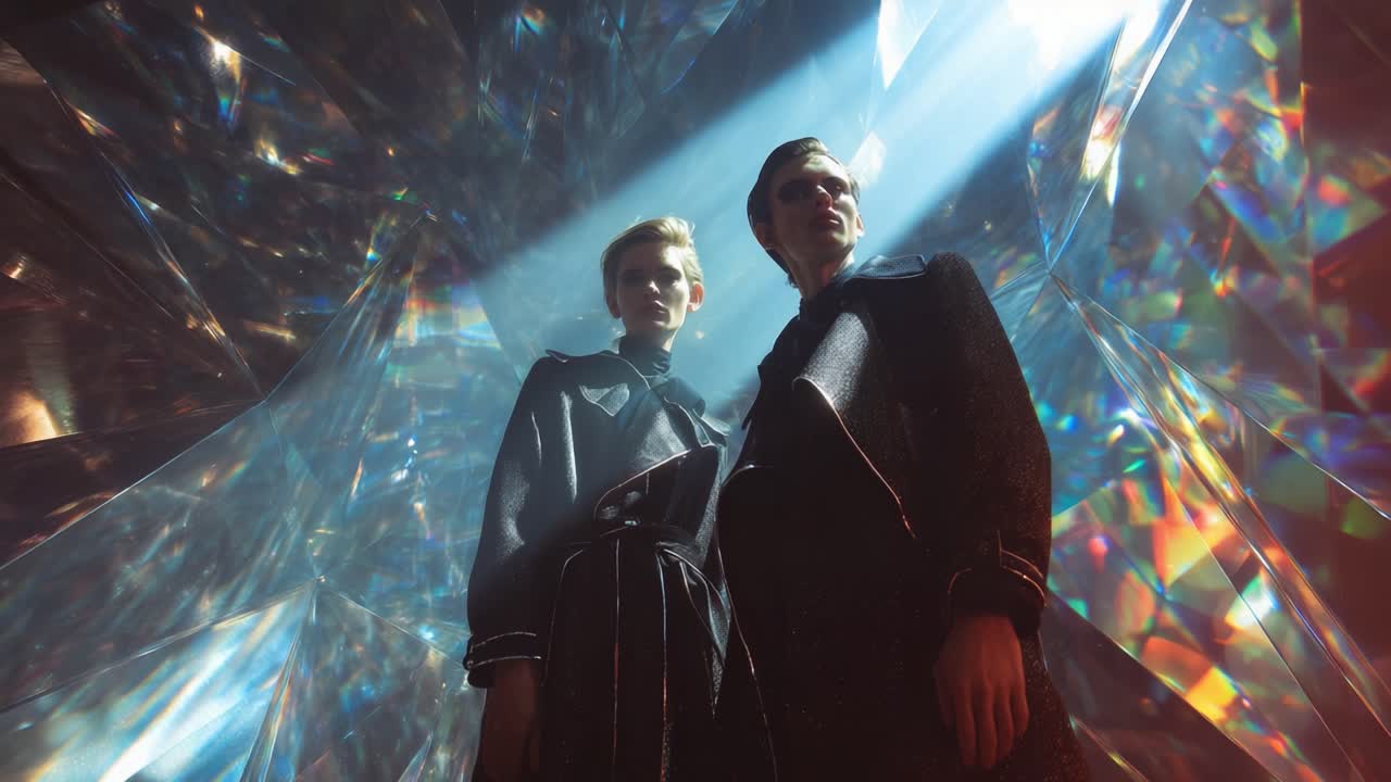 Dynamic Fashion Photography Featuring Two Models in Stunning Crystal-Structured Environment with Dramatic Lighting and Reflection Effects, Showcasing a Unique Style and Artistic Expression