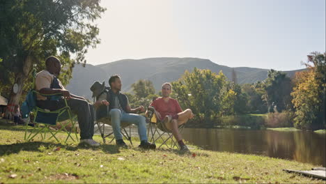 camping, relax and friends fist bump in nature