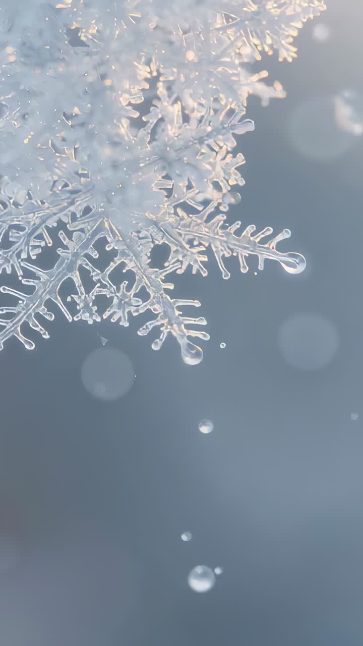 Vertical video: Warming sun backlighting snowflake cluster, forming droplets and bokeh spots in sky