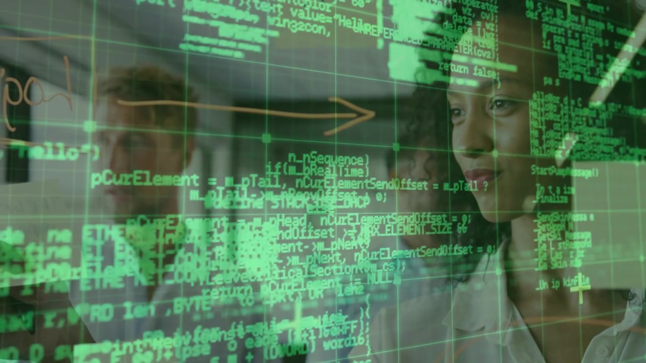 Software team of three studying glass panel, following animated code updates and pointing to debug