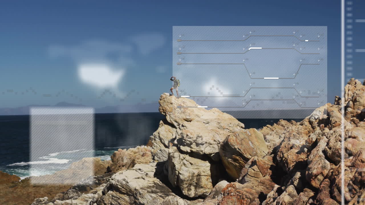 Man hiking on rocky coastline, surveying ocean with floating technology HUD graphs and data grids