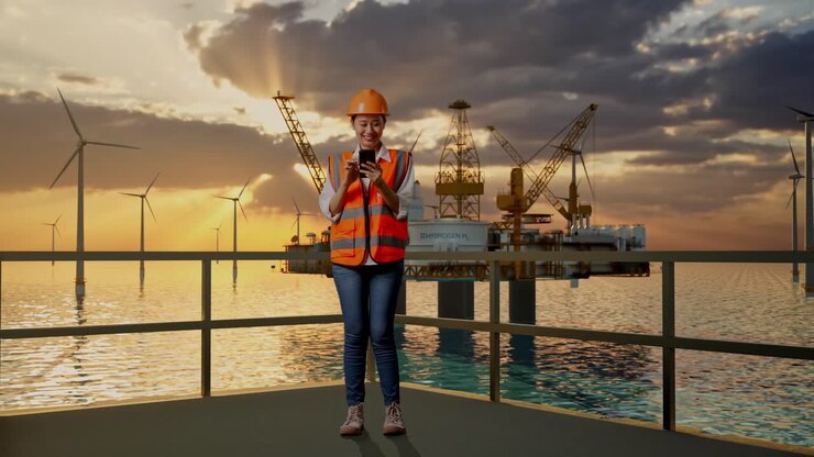 Woman Engineer on Offshore Wind Farm Platform