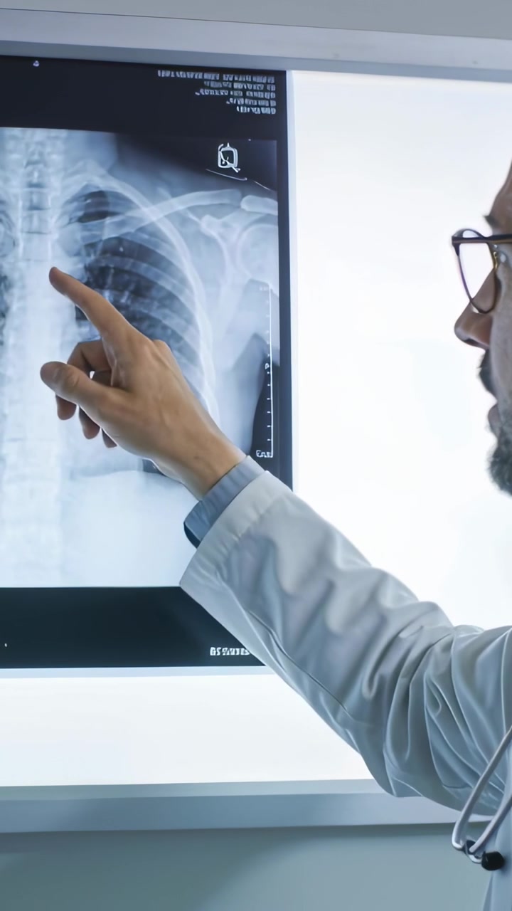 Vertical video: Pointing Dr in lab coat seeing chest X-ray tracing lung shadow on panel, copy space