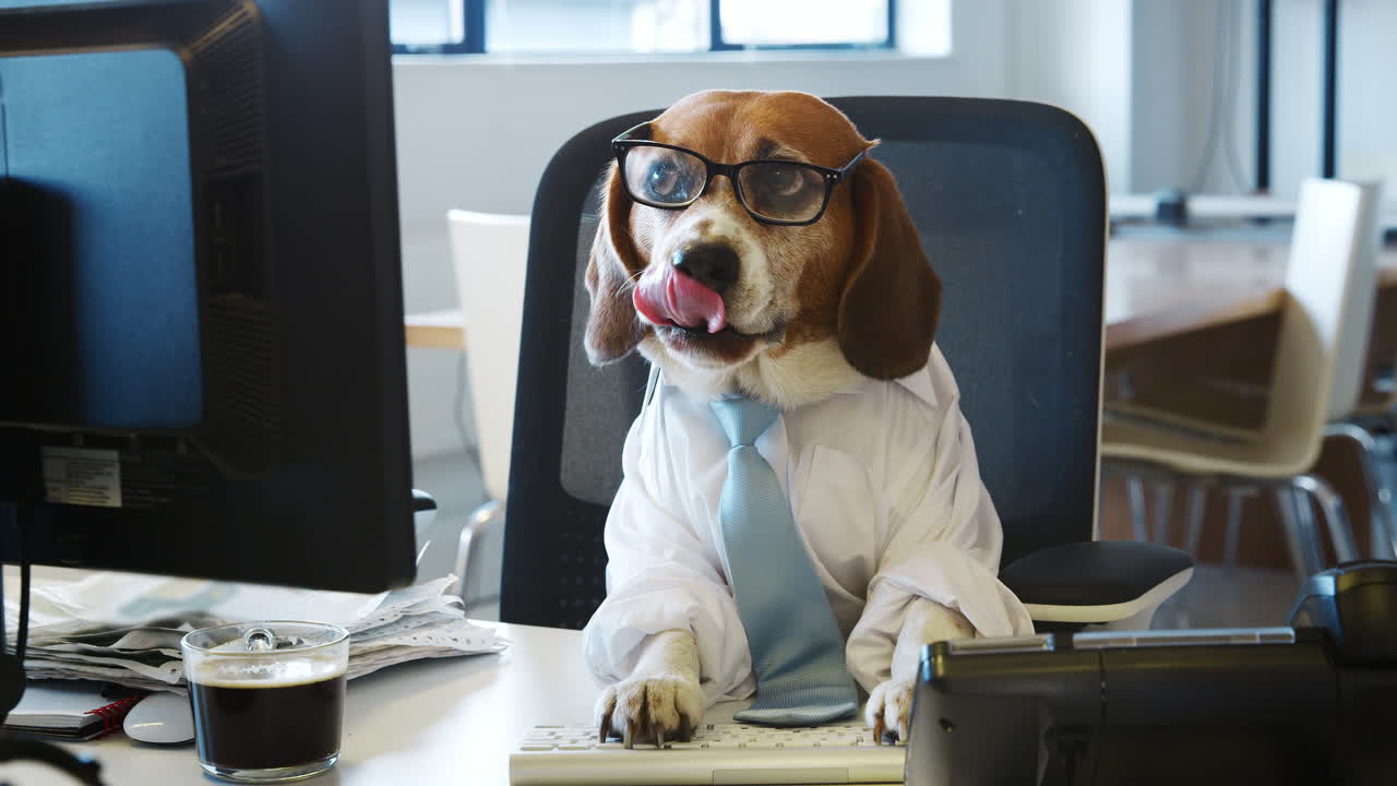 Beagle intelligente al lavoro a una scrivania in un ufficio.