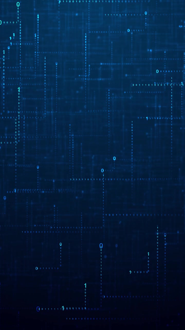 Blue binary circuit grid background floating digits dotted pathways and dark technology matrix