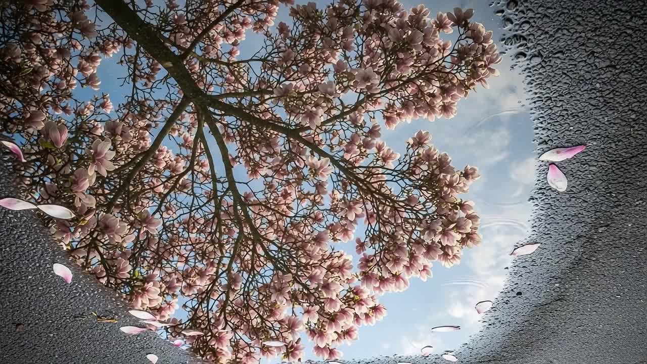 Reflections of Blossoming Magnolias: Nature's Serenity Captured in Water, Showcasing the Beauty of Spring Amidst a Tranquil Surface Reflection