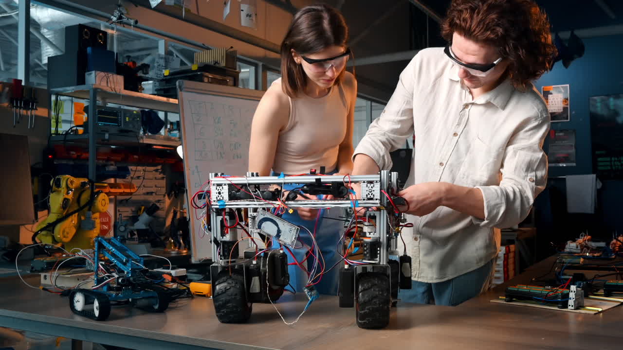Young man and woman in protective glasses doing experiments in robotics in a laboratory. Robot and tools on the table. Slow motion