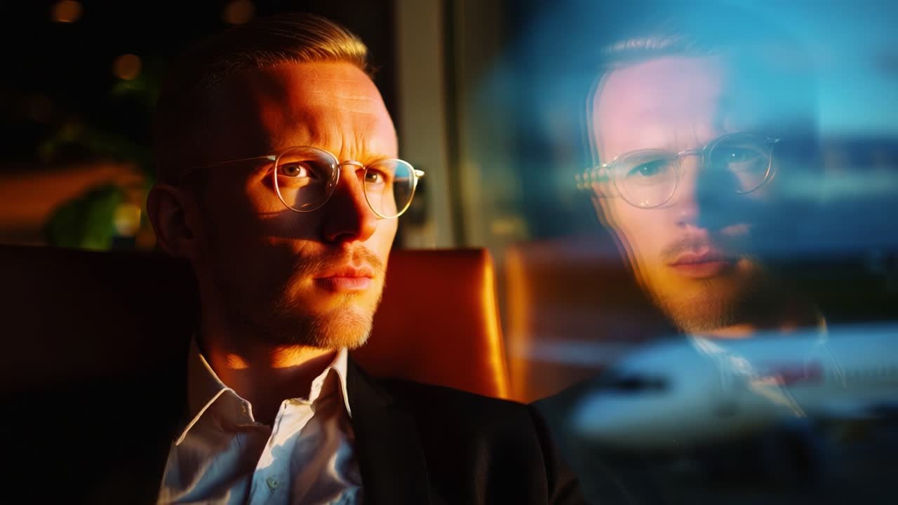 A contemplative man gazing thoughtfully out of a window, illuminated by soft sunset light, with reflections showcasing a blend of personal depth and the outside world in an elegant setting