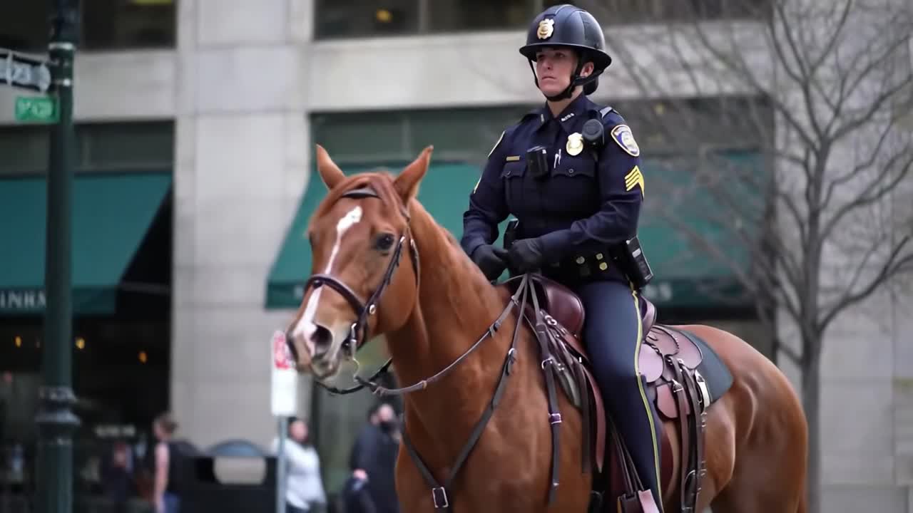 A police officer in uniform rides a horse through a bustling downtown location, engaging with the public and ensuring safety in the area. The atmosphere reflects community interaction and security.