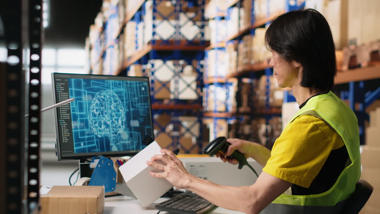 Vertical Video Asian staff member using artificial intelligence to scan shipping labels
