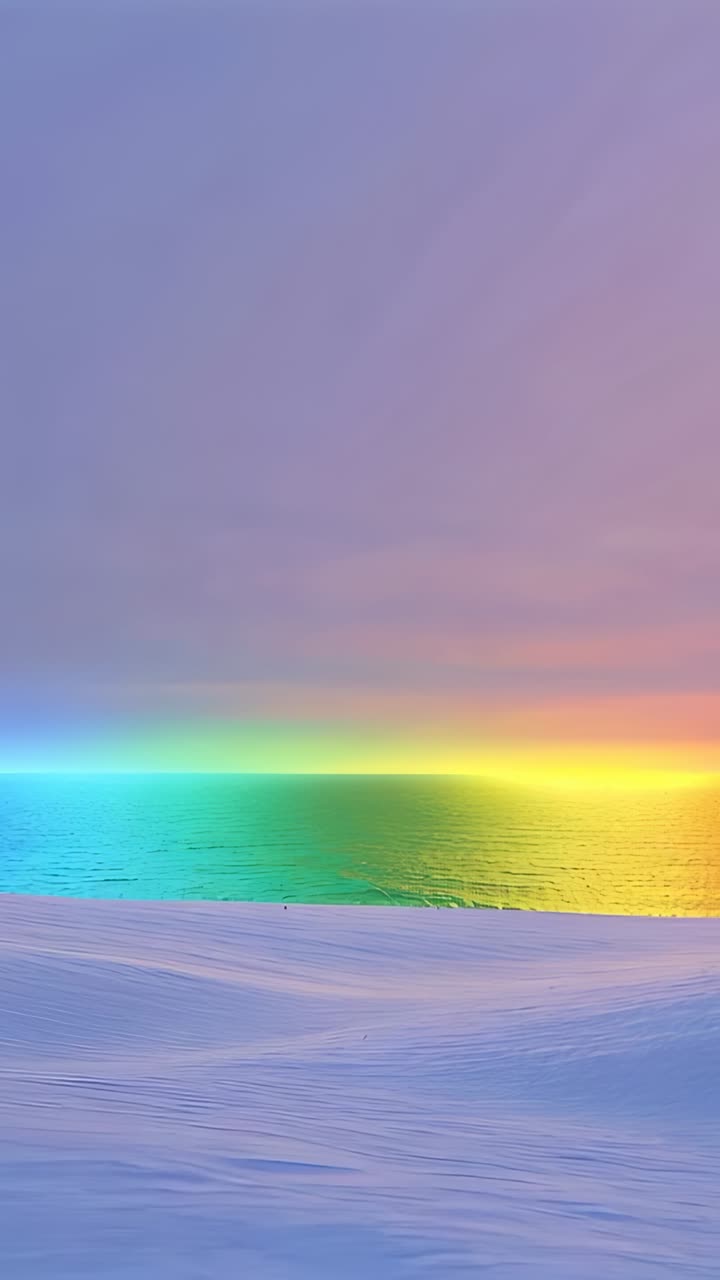 Vertical video: camera holding steady revealing sky meeting rainbow horizon band over coastal shore