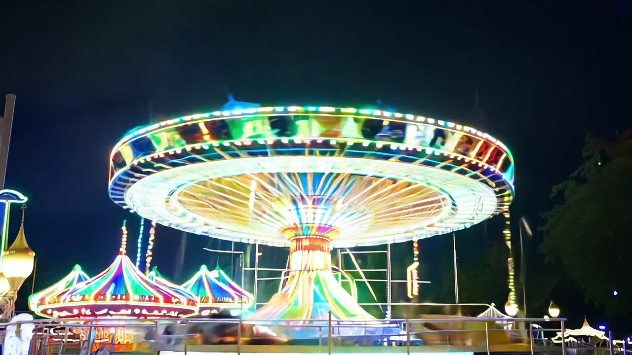Rotating Colorful Carousel at Night