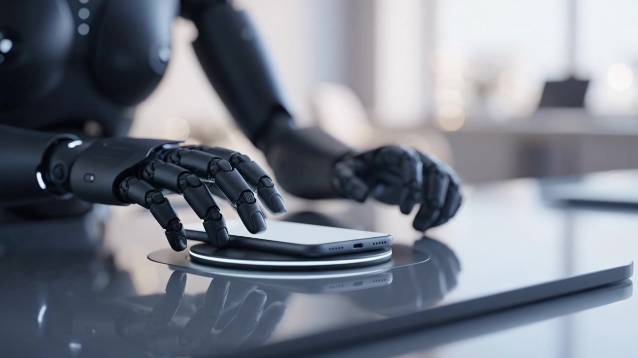 A robotic hand interacts with a smartphone on a sleek charging pad in a modern workspace, highlighting advancements in technology and automation.