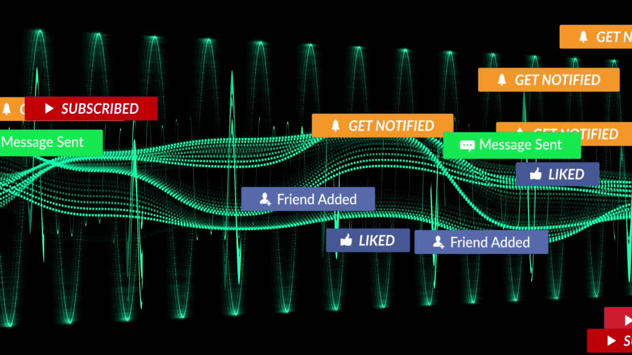 검은색 배경의 빛 트레일 위에 텍스트가 있는 소셜 미디어 아이콘의 애니메이션