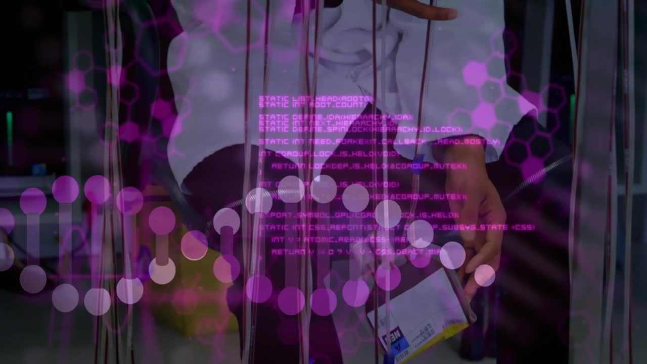 Lab researcher reading reagent box label then connecting cables while DNA helix and code drifting