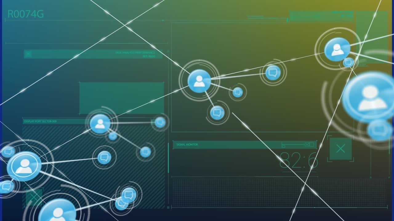 Animation of network of connections with icons over data processing on black background